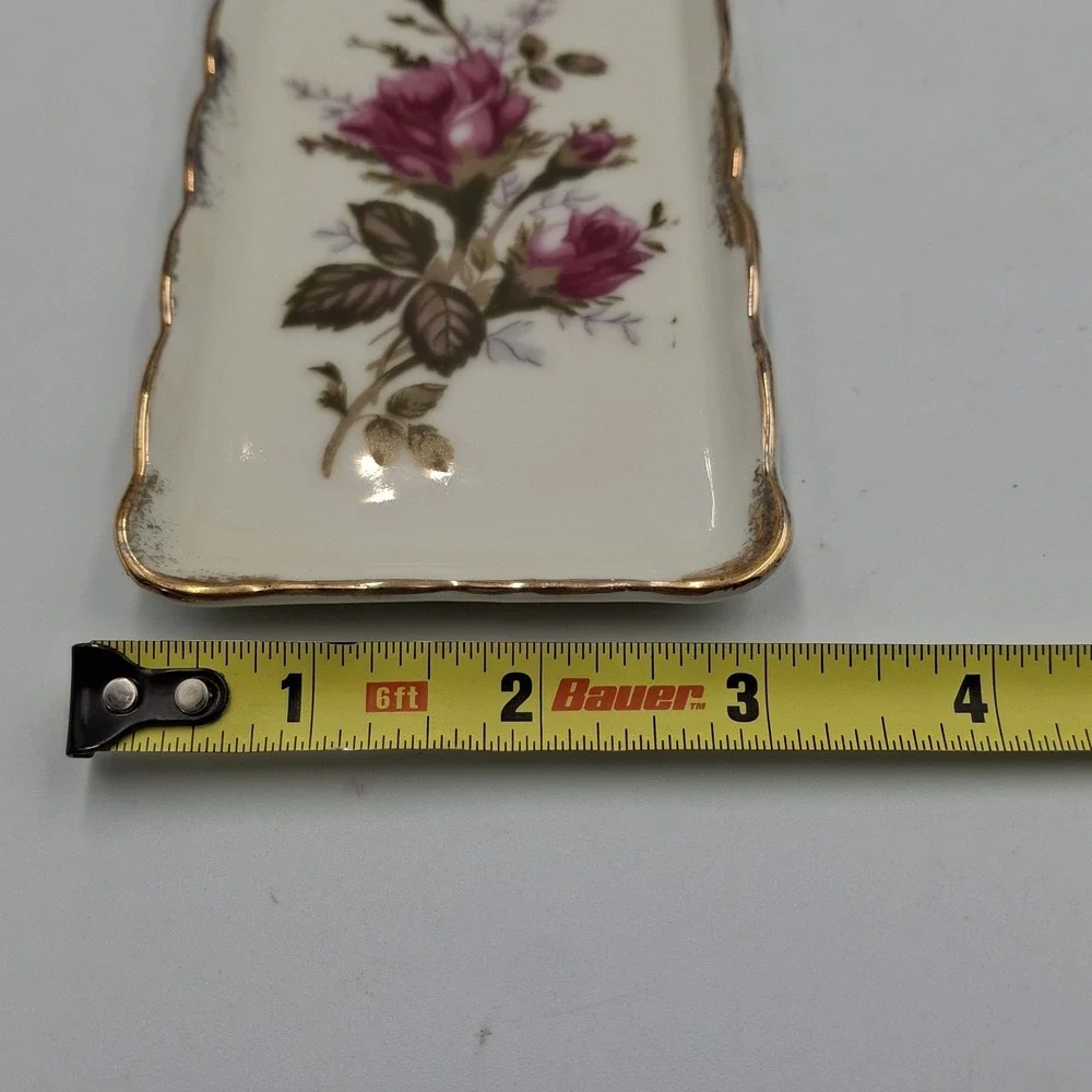 Vtg Porcelain Trinket Tray Pink Rose Gold Trim Scalloped Edge Ring Dish Japan